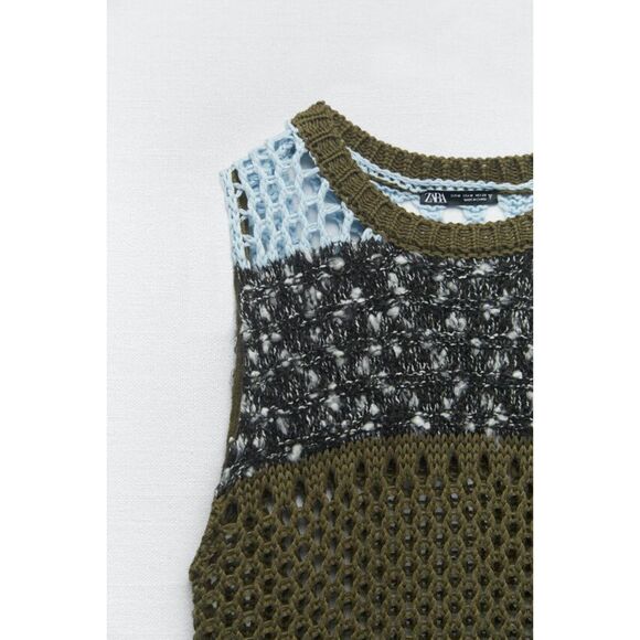 Multicolor Zara Open-Stitch Crochet Round Neck Sleeveless Knit Top (NWT) - Picture 2 of 8